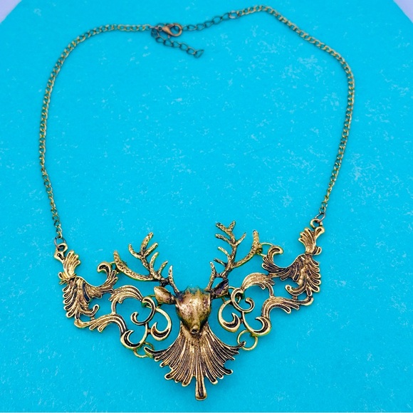 Stag of the Woods Deer Gold Tone statement necklace - Picture 5 of 13